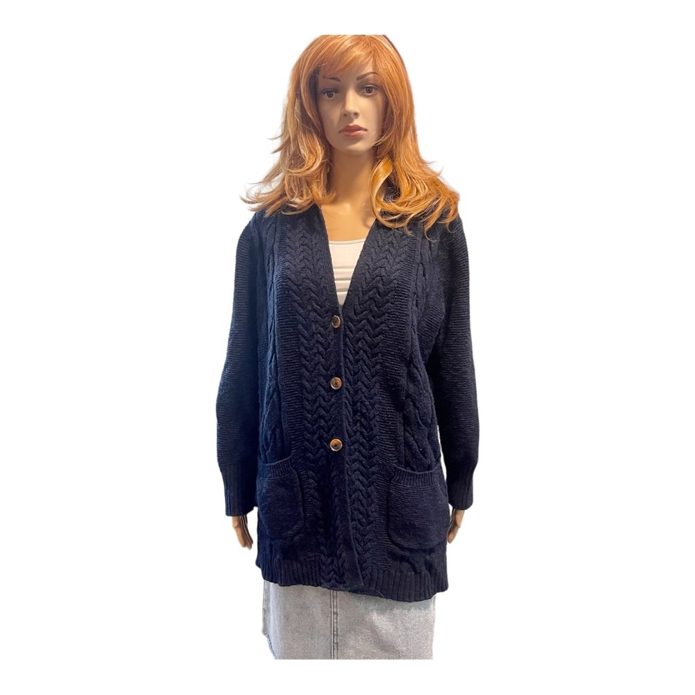 J. Jill Women’s Navy Blue V-Neck Button Down Cardigan Cable Knit Sweater SZ L